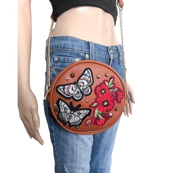 Olivia Miller Embroidered Patches Crossbody Bag Round Brown Floral Butterfly - Picture 1 of 12